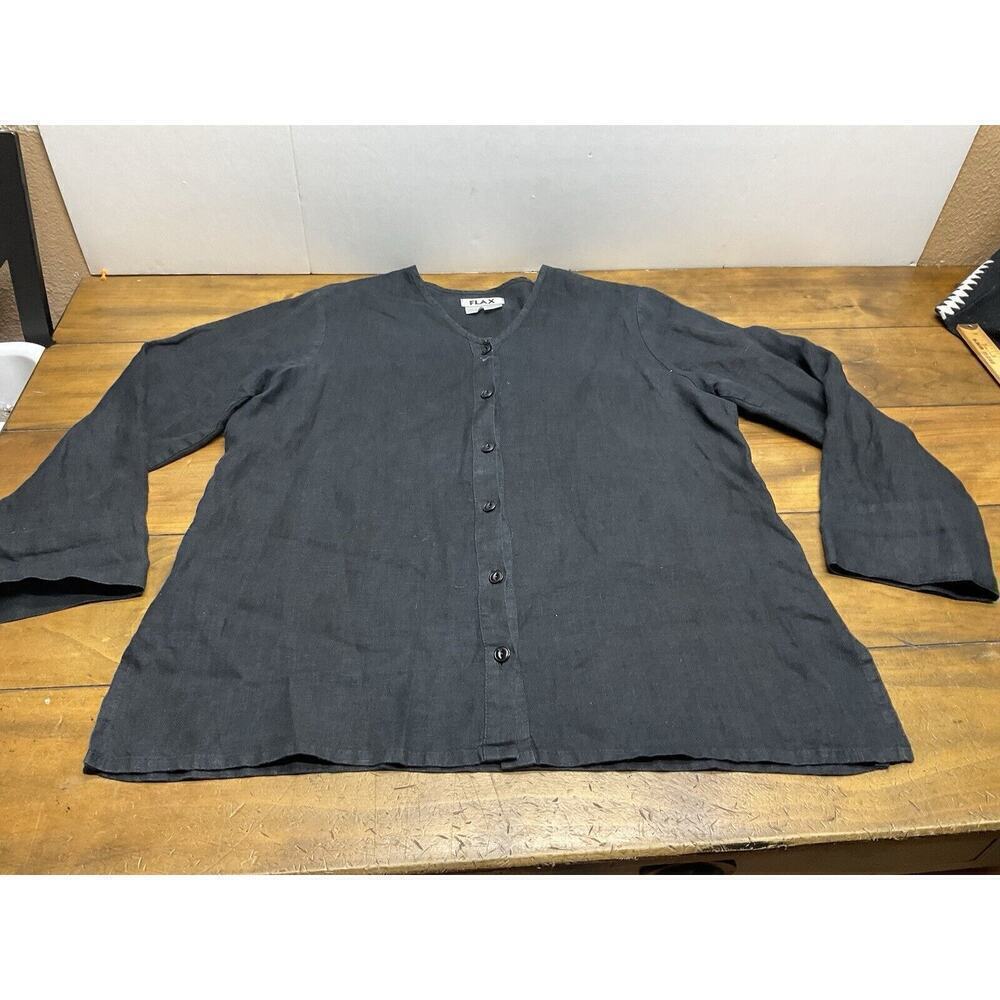 Flax Black Long Sleeve Button Down Tunic Lagenlook Medium 100% Linen